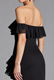 Off the Shoulder Black Chiffon Ruffled A Line Long Formal Dress with Slit