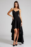 Black A Line Spaghetti Straps High Low Ruffled Formal Dress