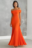 Orange Sheath Pleated Off the Shoulder Maxi Formal Dress