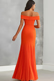 Orange Sheath Pleated Off the Shoulder Maxi Formal Dress