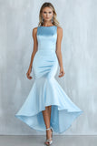 Sky Blue Mermaid Satin Sleeveless Asymmetrical Formal Dress