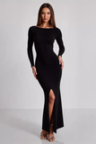 Black Sheath Boat Neck Long Formal Dress with Open Back