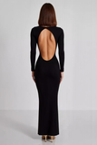 Black Sheath Boat Neck Long Formal Dress with Open Back