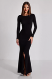 Black Sheath Boat Neck Long Formal Dress with Open Back