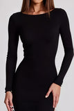Black Sheath Boat Neck Long Formal Dress with Open Back