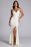 Ivory Sheath V Neck Backless Long Formal Dress with Slit