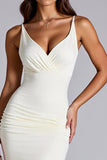 Ivory Sheath V Neck Backless Long Formal Dress with Slit