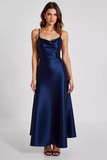 Navy Sheath Cowl Neck Spaghetti Straps Long Formal Dress