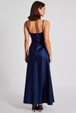 Navy Sheath Cowl Neck Spaghetti Straps Long Formal Dress