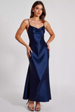 Navy Sheath Cowl Neck Spaghetti Straps Long Formal Dress