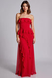 Red Strapless A Line Chiffon Long Formal Dress with Ruffles