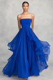 Royal Blue Ruched A Line Chiffon Maxi Formal Dress with Ruffles