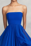 Royal Blue Ruched A Line Chiffon Maxi Formal Dress with Ruffles