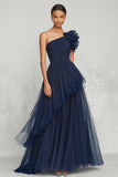 Navy A Line One Shoulder Ruched Tulle Long Formal Dress with Ruffles