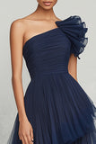 Navy A Line One Shoulder Ruched Tulle Long Formal Dress with Ruffles