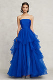 Royal Blue Ruched A Line Strapless Ruffled Long Formal Dress