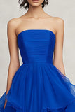 Royal Blue Ruched A Line Strapless Ruffled Long Formal Dress