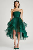 Dark Green A Line Strapless Tulle High Low Formal Dress with Ruffles