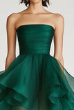 Dark Green A Line Strapless Tulle High Low Formal Dress with Ruffles