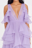 Lilac Chiffon V-Neck Ruffled A Line Formal Dress with Slit