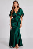 Dark Green V Neck Satin Sheath Long Formal Dress with Sash