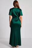 Dark Green V Neck Satin Sheath Long Formal Dress with Sash