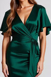 Dark Green V Neck Satin Sheath Long Formal Dress with Sash
