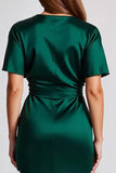 Dark Green V Neck Satin Sheath Long Formal Dress with Sash
