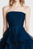 Navy Tulle Strapless A Line High Low Formal Dress with Ruffles
