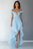 Sky Blue Asymmetrical Chiffon A Line Formal Dress with Ruffles