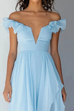 Sky Blue Asymmetrical Chiffon A Line Formal Dress with Ruffles