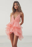 Pink Orange Ruffled Tulle A Line V-Neck Graduation Dress