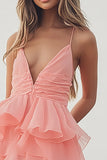Pink Orange Ruffled Tulle A Line V-Neck Graduation Dress