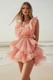 Pink Orange Tulle Square Neck Mini Graduation Dress with Ruffles