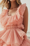 Pink Orange Tulle Square Neck Mini Graduation Dress with Ruffles