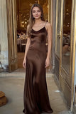 Coffee Sheath Satin V-Neck Spaghetti Straps Long Formal Dress