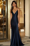 Navy V-Neck Sheath Satin Spaghetti Straps Long Formal Dress