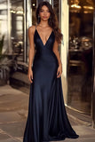 Navy A Line Satin Deep V-Neck Long Elegant Formal Dress