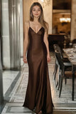 Coffee Sheath V Neck Satin Spaghetti Straps Long Formal Dress