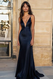 Navy Deep V-Neck Maxi Sheath Spaghetti Straps Satin Formal Dress