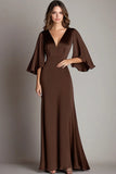 Coffee V Neck Sheath Satin Long Formal Dress with Half Sleeves