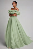 Dusty Sage Pleated Tulle A Line Maxi Formal Dress with Ruffles
