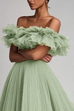 Red Tulle Pleated A Line Maxi Formal Dress with Ruffles