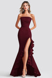 Burgundy Mermaid Strapless Ruffled Long Formal Dress with Slit