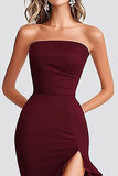 Burgundy Mermaid Strapless Ruffled Long Formal Dress with Slit