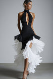 Black White Keyhole Satin Sheath Asymmetrical Formal Dress with Ruffles