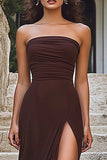 Coffee Sheath Strapless Ruched Long Formal Dress with Slit