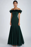 Dark Green Mermaid Pleated Off the Shoulder Long Formal Dress with Ruffles