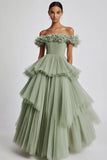 Dusty Sage Ball Gown Tulle Tiered Long Formal Dress with Ruffles