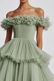 Dusty Sage Ball Gown Tulle Tiered Long Formal Dress with Ruffles